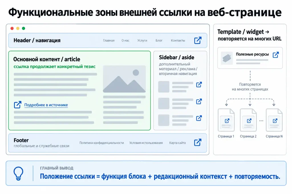 Место внешней ссылки на странице: основной контент, сайдбар, футер и шаблонные блоки